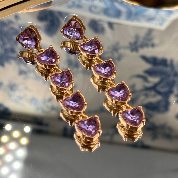 🆕 OSCAR DE LA RENTA 🧿 NWOT Crystal Embellished Amethyst Heart Drop Earrings - Picture 9 of 16